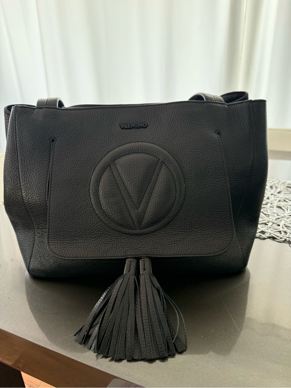 Valentino by Mario Valentino Ollie Black Pebbled Leather Tassel Tote